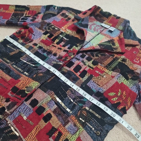 Chicos Jacket Tapestry Embellished Red Black Orange 2 Large Art to Wear Pockets - Picture 12 of 13